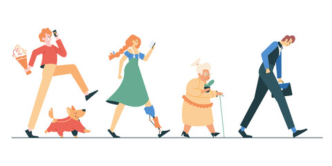Walking people. Men and women walk side profiles, people in casual clothes. Stylish colorful moving characters of different ages. Ggoes on a date, a dog in overalls, a girl with a robotic leg, sad man