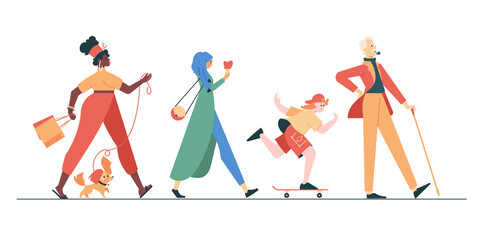 Walking people. Man, boy and women walk side profiles. Stylish colorful moving characters of different ages and nationalities in casual clothes. Vector flat illustration.