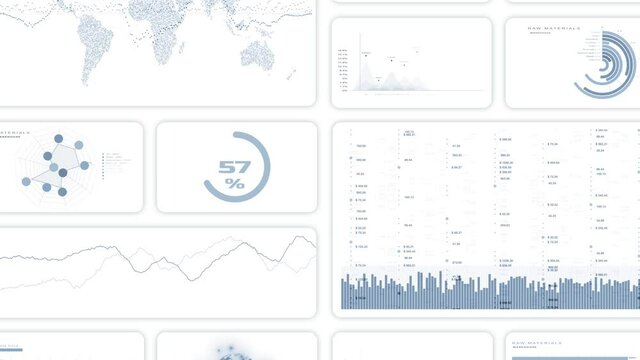 Animated bright white and blue business infographic data details on a computer wall background. Finance trading details concept animation.