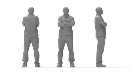 3D rendering of a casual man front side and back view. Arms crossed Computer render model isolated silhouette.