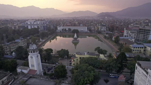 Aerial view over Kathmandu looking towards Rani Pokhari, the Queens Pond in Nepal at sunset.