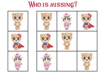 Sudoku game for children with pictures. Kids activity sheet. Cartoon animal