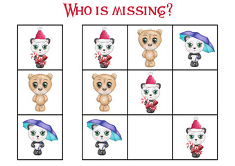 Sudoku game for children with pictures. Kids activity sheet. Cartoon animal