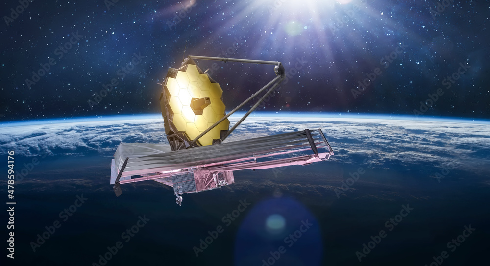 Aufkleber james webb space telescope in deep space research far galaxies. space satellite on orbit of earth pl