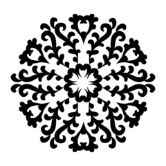 Round floral mandala with scrolls. Circular ornament in oriental style. Vector circular pattern. Black and white.