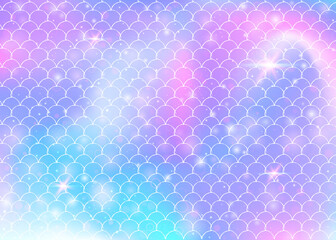 Rainbow scales background with kawaii mermaid princess pattern.
