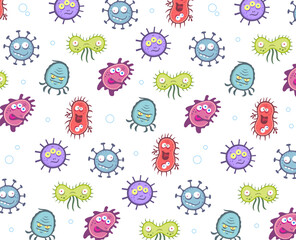 Pattern of cartoon bacteria. Set of funny microorganisms, vector illustration of viruses for children. Virus and microbe with faces. Cute germs and smiling pathogen monsters.