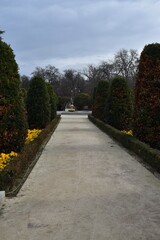 
Some trees, a fountain and a path in a park called El Retiro in Madrid