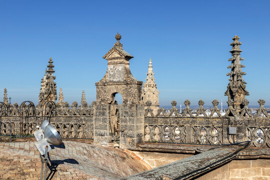 Sevilla, Spain. Details of the rooftop of the Gothic Cathedral of Saint Mary of the See