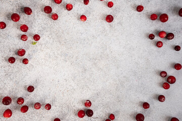 Frozen berries covered with hoarfrost. Frozen cranberry on grey background. Copy space.