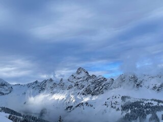 Snow capped mountain ridge with Zimba in the Austrian Alps. Montafon, Vorarlberg, Austria.