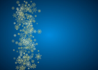 New Year snow on blue background. Gold glitter snowflakes. Christmas and New Year snow falling backdrop. For season sales, special offers, banner, cards, party invite, flyer. Horizontal frosty winter.