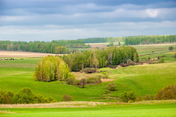 Spring rural landscape. Green fields and forests against a background of blue sky and clouds.