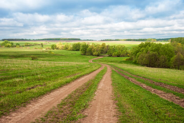 Rural dirt road in rural areas. Green fields, trees and a sky with beautiful clouds. Beautiful spring landscape.