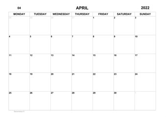Planner for April 2022. Schedule for month. Monthly calendar. Calendar sunday