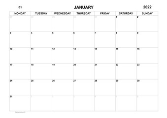 Planner for january 2022. Schedule for month. Monthly calendar. Calendar sunday