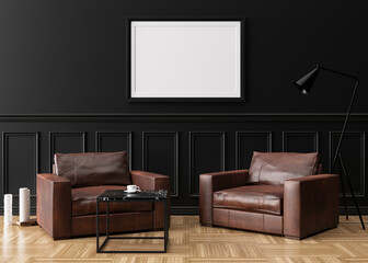 Empty picture frame on black wall in modern living room. Mock up interior in classic style. Free space, copy space for your picture. Brown leather armchairs. 3D rendering.