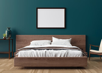 Blank picture frame on blue wall in bedroom. Mock up poster frame in modern interior. 3D render, 3D illustration. Free space, copy space for your design. Wooden bed, armchair, sideboard.