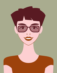Vector graphics - Avatar of a beautiful smiling young brunette woman with a short fashionable hairstyle and brown glasses isolated close-up