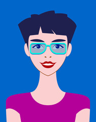 Vector graphics - avatar of a beautiful young brunette woman with a short fashionable haircut in bright stylish glasses on a blue background close-up