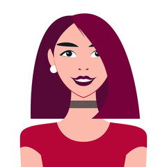 Vector graphics - A beautiful young smiling brunette woman with a square hairstyle and white round earrings isolated. Concept avatar