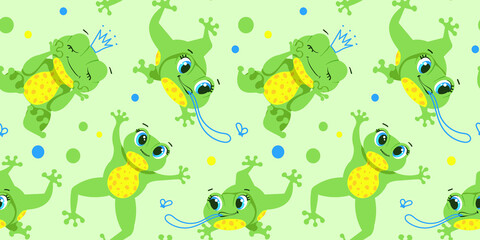 Seamless pattern with illustrations. Cute little Green Frog Smiles, Jumps, Hunts insects, dreams. A set of vector illustrations
