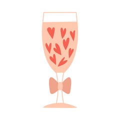 A glass with hearts and a bow. A glass with a drink. A decorative element for Valentine's Day. Color vector illustration isolated on a white background.