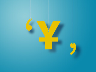 Yen or Yuan Symbol Text in Yellow Hanged With Strings Against Blue Background