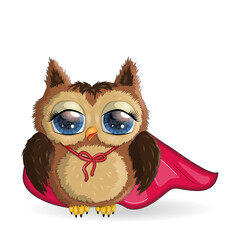 Owl superhero cute cartoon character in red lifeguard cloak