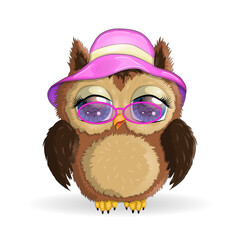 Owl cute cartoon character in holiday concept. In a hat, in a cap, in hula colors, a dancer in Hawaii