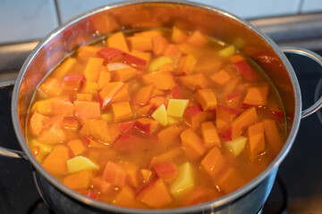 Preparation of a pumpkin puree soup in a pan