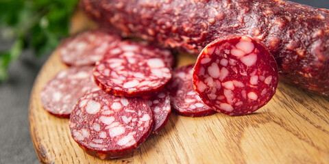 sausage slice beef pork lamb healthy meal food snack on the table copy space food background