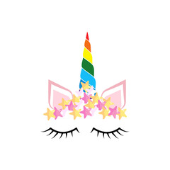 Fabulous cute unicorn with golden gilded horn and closed eyes.