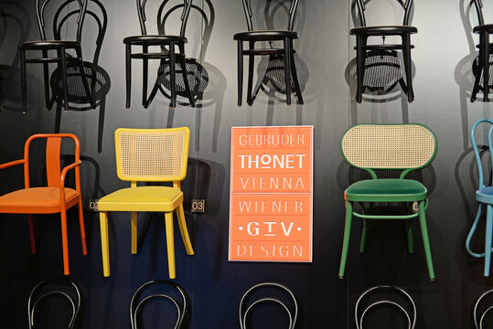 MILAN, ITALY – SEPTEMBER 9 2021: Thonet stand in Salone del Mobile in Milan Design Week. Thonet is a famous Austrian firm, founded in Vienna in 1819, that produces chairs and other furniture