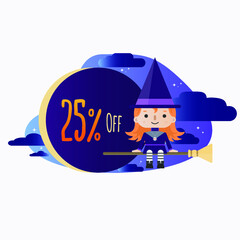 25 percent off - Halloween - Cute Little Red-haired Witch Cartoon sitting on the broom in the starry night, with clouds and a big discount tag.
