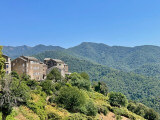 Fototapeta na wymiar Piedicroce, a dreamy hilltop village nestled in the mountains of Castagniccia, Corsica.