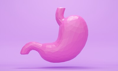 Pink low poly organ stomach on lilac background. 3d rendering