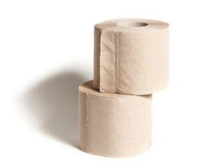 Rolls of beige toilet paper isolated on white background. Hygiene concept.