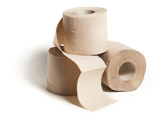Rolls of beige toilet paper isolated on white background. Hygiene concept.