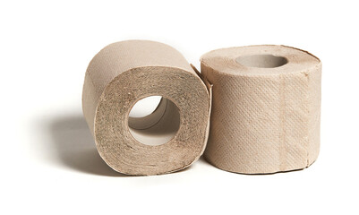 Rolls of beige toilet paper isolated on white background. Hygiene concept.