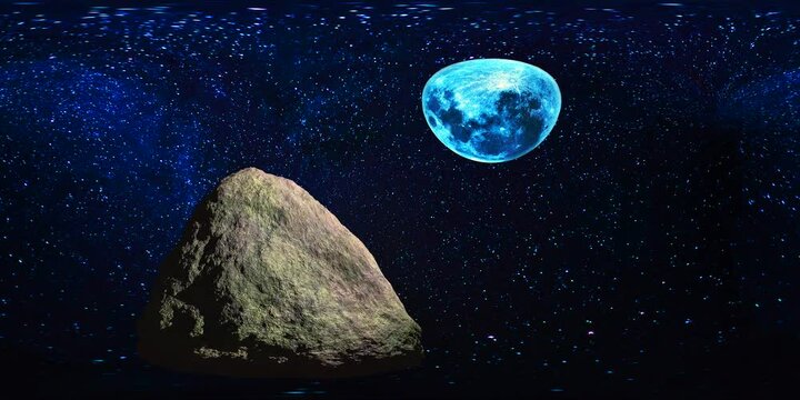 A 360-degree virtual reality experience of watching a meteorite up close in outer space while a blue-colored moon-like planet rotates around the viewer.