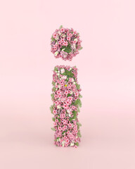 Creative letter I concept made of frash Spring wedding flowers. Flower font concept on pastel pink background.