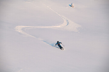 active freerider masterfully rides down white powdery snow of mountain slope - obrazy, fototapety, plakaty