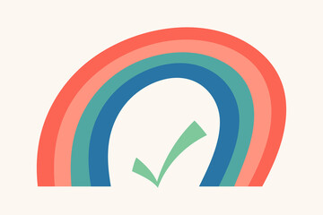 Rainbow with green check mark flat vector cartoon colorful illustration isolated on white background. Correct checkmarck and color arc positive symbol. Good select, ok approved simple graphic, success
