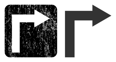 Vector turn right hole icon. Grunge turn right seal stamp, done from icon and rounded square. Rounded square stamp seal include turn right cut out shape inside. Vector turn right rubber images.