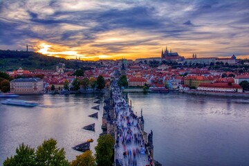 Scenic view on Vltava river and historical center of Prague.