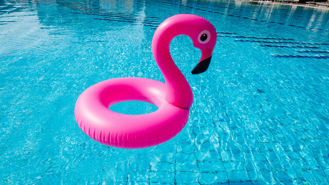 Flamingo plastic. Pink inflatable flamingo in pool water for beach background. Trendy summer concept.