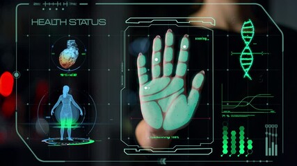 Hand scanner health status checking process analysing biometrical personal data - Powered by Adobe