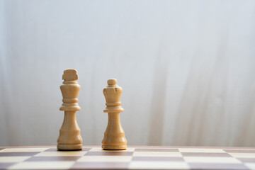 white king and queen chess pieces on light and dark wooden chess board on light background. Family...