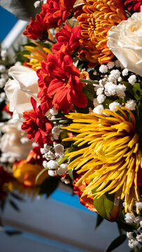 A close up of flowers on a white trellis.